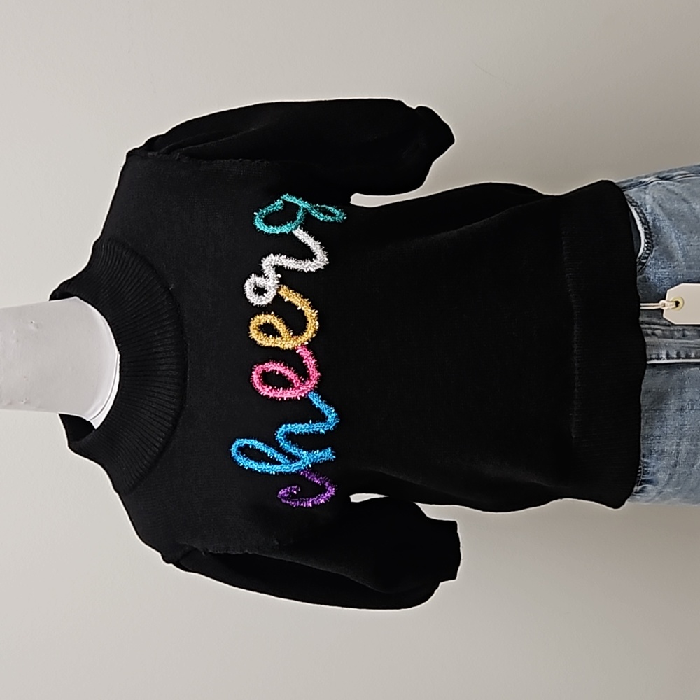Black 'Cheers' Short Puff Sleeve Sweater